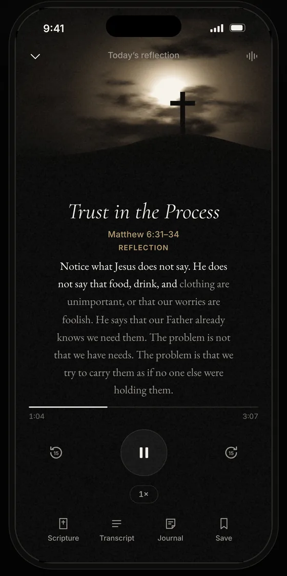 A daily reflection playing in the Our Father app, with the words highlighted as they are read